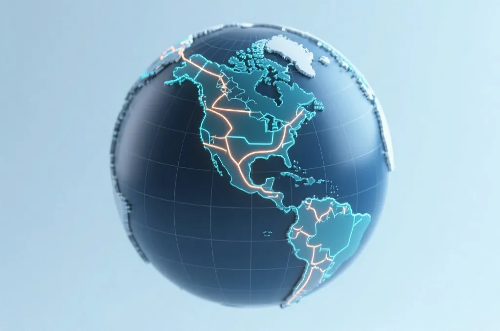 A stylized world globe focusing on the North American continent with glowing interconnected transit lines, clean modern graphics